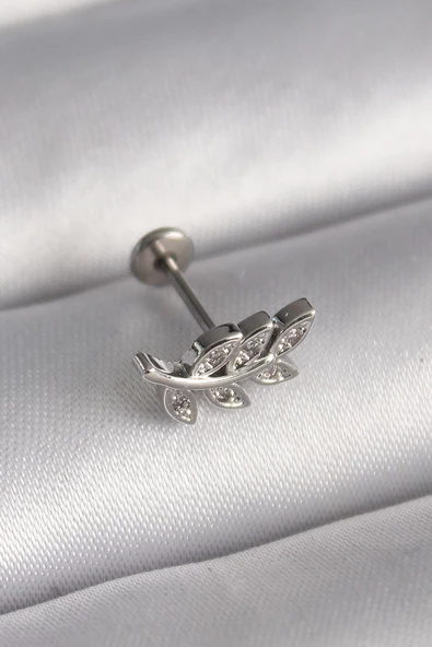 316L Çelik Gümüş Renk Dal Model Zirkon Taş Detaylı Tragus Piercing TJ-PR1343 ürün görseli 1