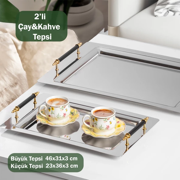 Porsima Gold 2li Paslanmaz Çelik Gümüş Kahve Tepsisi Gold Siyah Detaylı Dekoratif Servis Sunum Tepsisi ürün görseli 1
