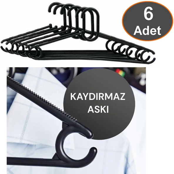KAYDIRMAZ Elbise Askısı Fular Askısı Gömlek Tişört Askısı Kırılmaz 6 Adet Set Siyah Pantolon Askı ürün görseli 1