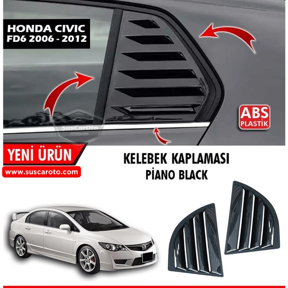 Honda Civic FD6 2006-2011 Uyumlu Kelebek Cam Izgarası Kelebek Cam Vizörü Havalandırma Sağ Sol Takım Parlak Siyah ürün görseli 1