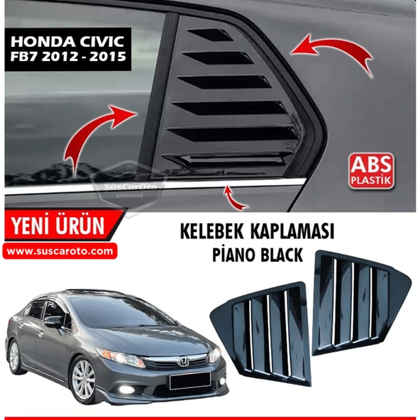Honda Civic FB7 2012-2016 Uyumlu Kelebek Cam Izgarası Kelebek Cam Vizörü Havalandırma Sağ Sol Takım Parlak Siyah ürün görseli 1
