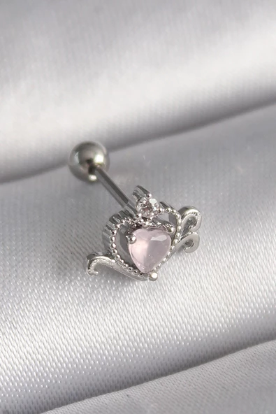 Gümüş Renk Pembe Mineli Kalp Zirkon Taş Detay Tragus Piercing - EBJ241123W29412 ürün görseli 1