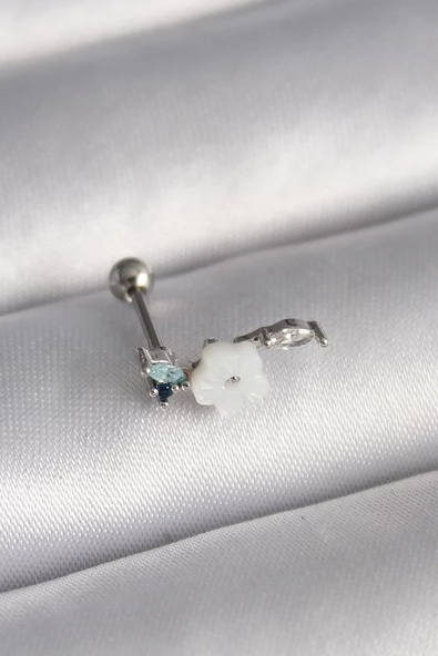 Gümüş Renk Zirkon Taş Detay Beyaz Çiçek Model Tragus Piercing - EBJ241123W29508 ürün görseli 1