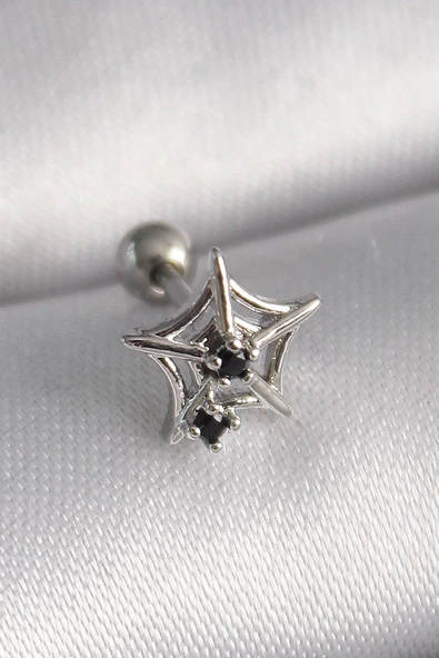 Gümüş Renk Siyah Zirkon Taş Detay Örümcek Ağ Model Tragus Piercing - EBJ241123W29444 ürün görseli 1