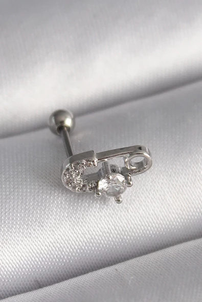 Gümüş Renk Zirkon Taşlı Toplu İğne Tragus Piercing - EBJ241123W29426 ürün görseli 1