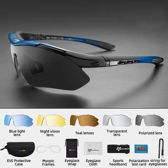 Rockbros Polarize %100 UV korumalı Mavi 5 LENSLİ Bisiklet Spor Dağ Kayak Gözlüğü ürün görseli 1
