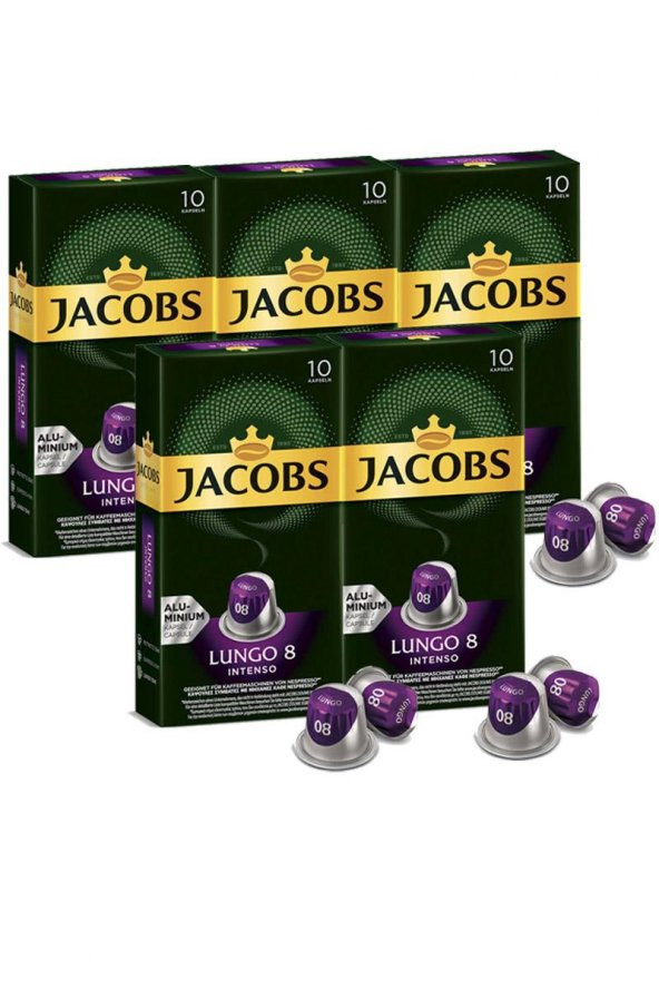 Jacobs Lungo Intenso 8 Kapsül Kahve 10 x 5 Paket (50 Adet) Nespresso Uyumlu ürün görseli 1