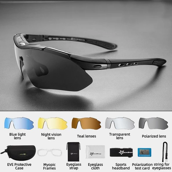 Rockbros Polarize %100 UV korumalı Siyah 5 LENSLİ Bisiklet Spor Dağ Kayak Gözlüğü ürün görseli 1
