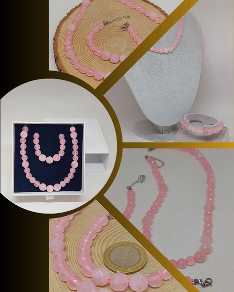 Parlayan Yıldızlar Serisi Pembe Kuvars Taşı Kolye & Bileklik Seti ürün görseli 1