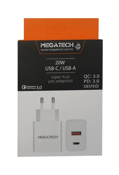 Megatech 20w Beyaz USB-C USB-A  Şarj Kafa QC:3.0-PD:3.0 ürün görseli 1