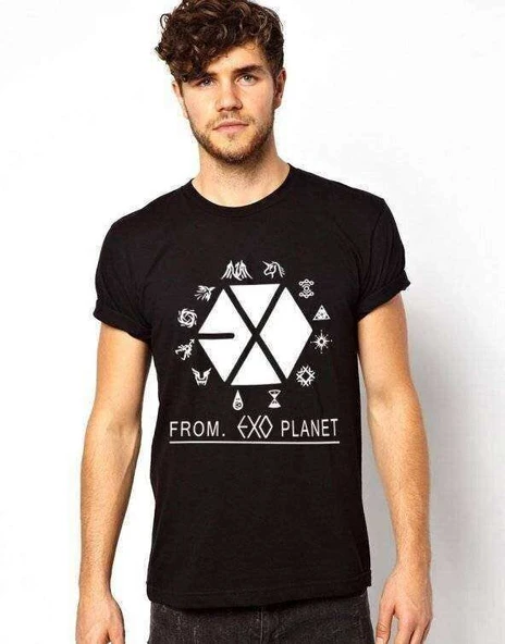 Tshirthane K-pop Exo Baskılı Siyah Erkek Dar Kesim Slim Fit t-shirt ürün görseli 1