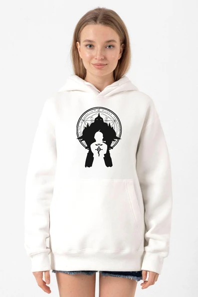 Fullmetal Alchemist Anime Logo Beyaz Kadın 3ip Kapşonlu Sweatshirt ürün görseli 1