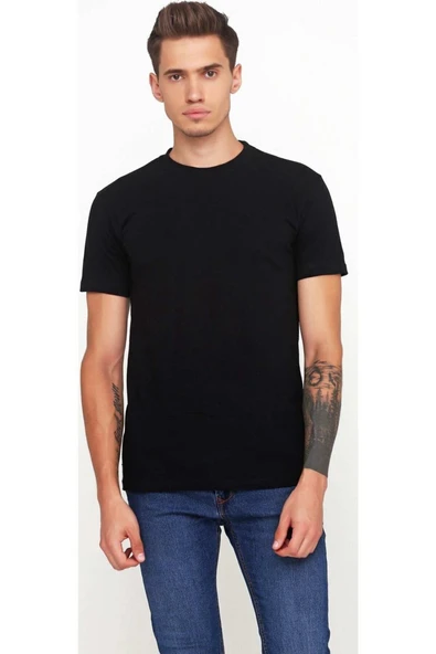 Baskısız Düz Sade Siyah Erkek Örme Tshirt ürün görseli 1