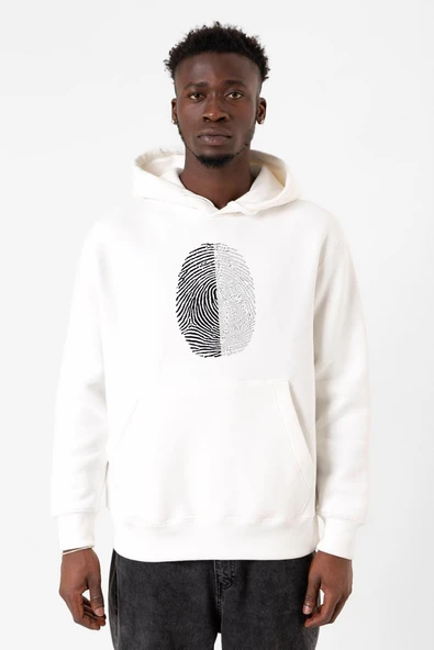 Siyah Beyaz Parmak İzi Beyaz Erkek 3ip Kapşonlu Sweatshirt ürün görseli 1