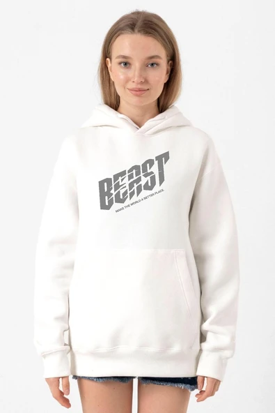 Mr Beast Make The World Beyaz Kadın 3ip Kapşonlu Sweatshirt ürün görseli 1