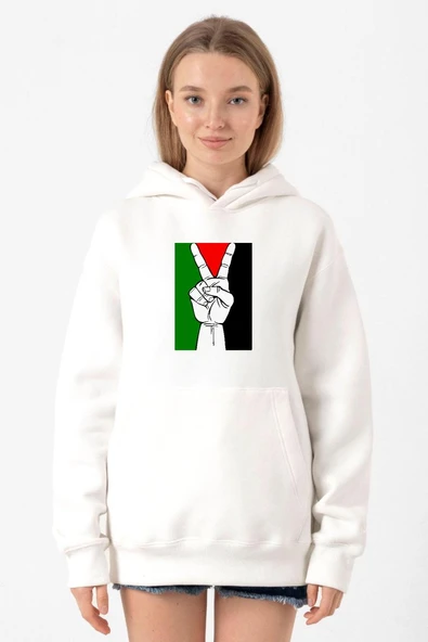 Free Hand Palestine Flag Beyaz Kadın 3ip Kapşonlu Sweatshirt ürün görseli 1