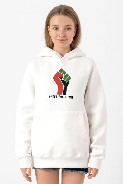 Hand Free Palestine Beyaz Kadın 3ip Kapşonlu Sweatshirt ürün görseli 1