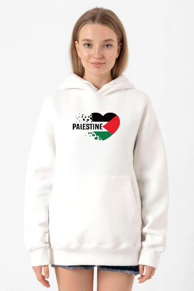 Heart Palestine Flag Beyaz Kadın 3ip Kapşonlu Sweatshirt ürün görseli 1