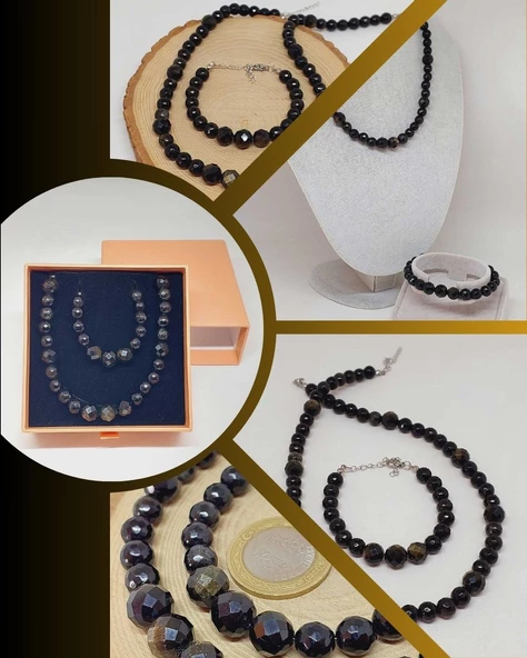 Parlayan Yıldızlar Serisi Golden Obsidyen Taşı Kolye & Bileklik Seti ürün görseli 1
