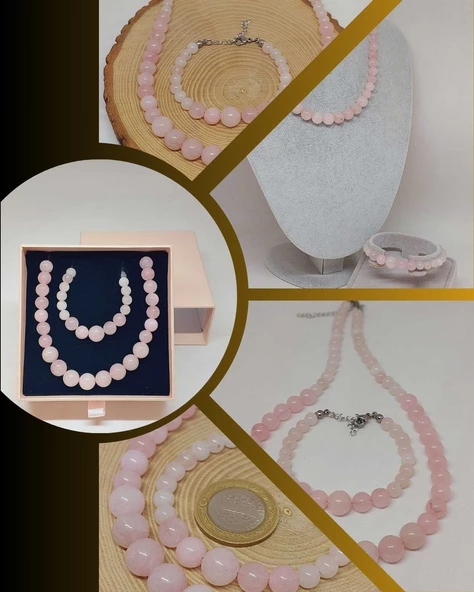 Galaksi Serisi Pembe Kuvars Taşı Kolye & Bileklik Seti ürün görseli 1