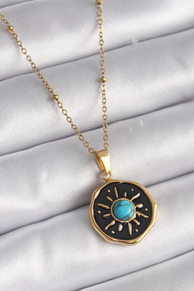 316L Çelik Gold Renk Mavi Boncuk Güneş İşleme Madalyon Model Kadın Kolye TJ-BKO9524 ürün görseli 1