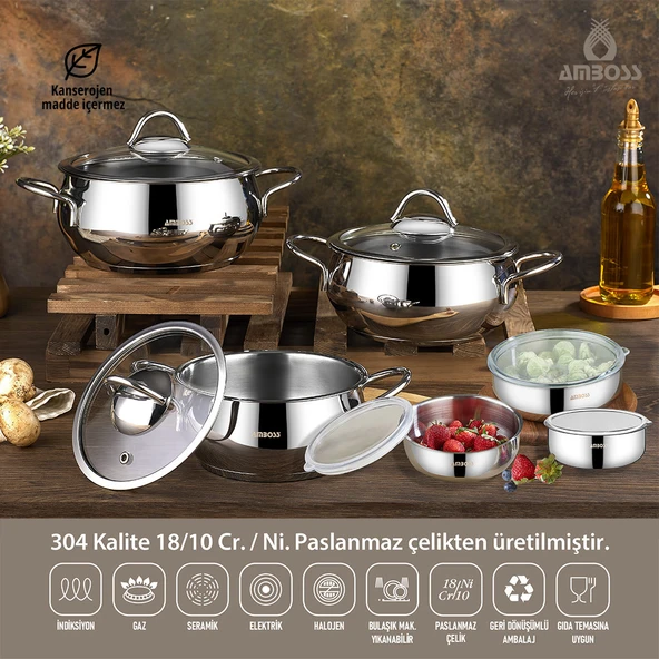 12 Parça Star Prime Paslanmaz Çelik Tencere Seti & Çelik Saklama Kabı ürün görseli 1