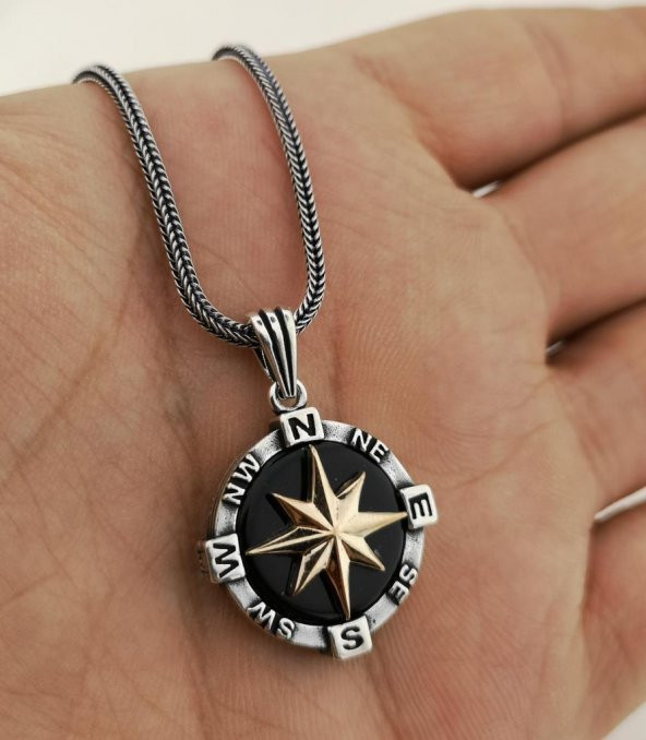 925 Ayar Gümüş Pusula Kolye Siyah 60 CM - Resim 3