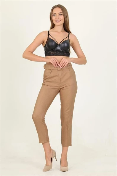 Dipmoda kadın camel cepli kemer detaylı kumaş pantolon DPQNS026 ürün görseli 1