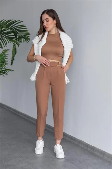 Dipmoda kadın camel tokalı ofis pantolon DPQNS038 ürün görseli 1