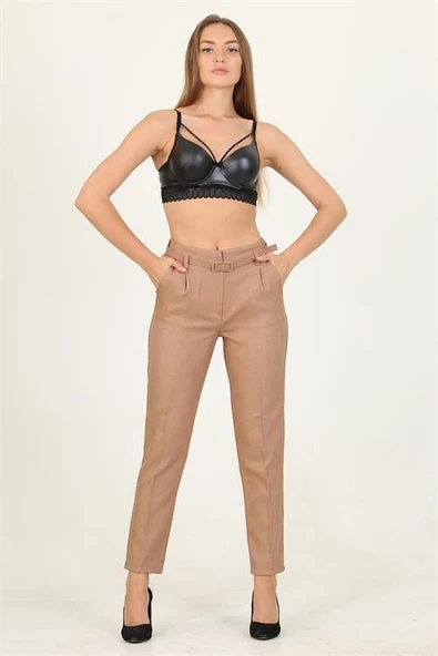 Dipmoda kadın camel kemerli beli lastikli yeni sezon kumaş pantolon QNS032 ürün görseli 1