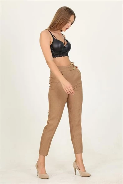 Dipmoda kadın camel metal kemerli cepli ofis pantolon DPQNS028 ürün görseli 1