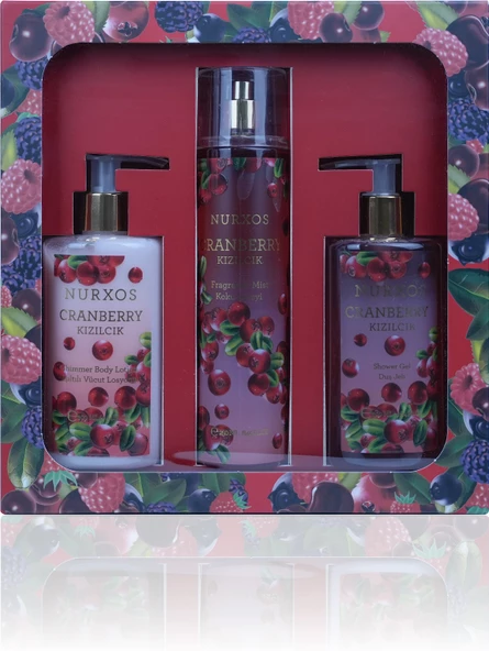 Nurxos Cranberry (Kızılcık) 3’lü Kadın Bakım Seti – Hediyelik Kutulu Vücut Spreyi, Losyon ve Duş Jeli - 9886 ürün görseli 1