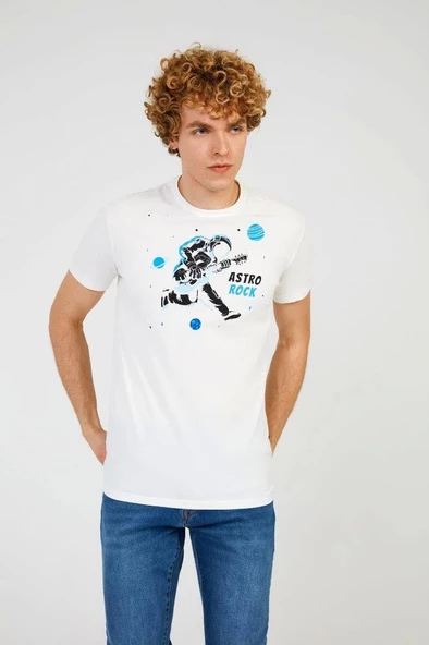 Bisiklet Yaka Baskılı Beyaz Erkek T-shirt Tc7122 ürün görseli 1