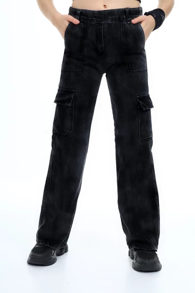 Kız Çocuk Kargo Cepli Beli Lastikli Jean Pantolon 8-12 Yaş Mnx217 ürün görseli 1