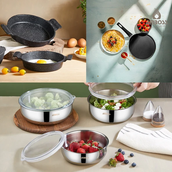 9 Parça Siesta Paslanmaz Çelik Saklama Kabı Sahan Set & Krep Tava ürün görseli 1