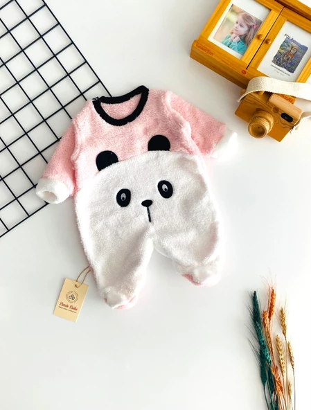 Neşeli Bebekler Panda Kabartma Desen Kendinden Patikli Welsoft Kumaş Tulum Pembe ürün görseli 1