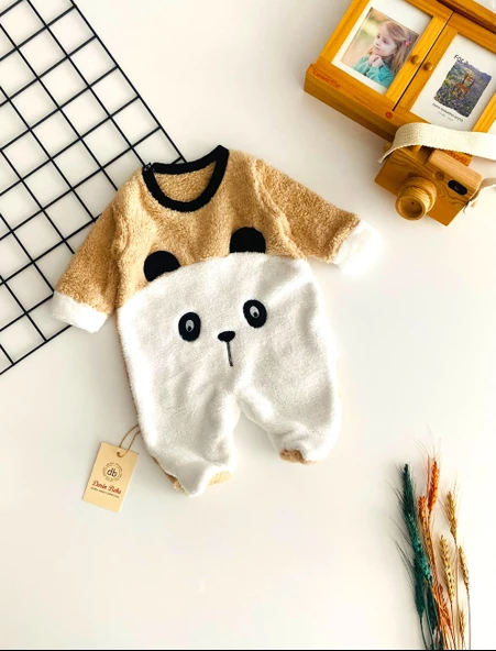Neşeli Bebekler Panda Kabartma Desen Kendinden Patikli Welsoft Kumaş Tulum Kahve ürün görseli 1
