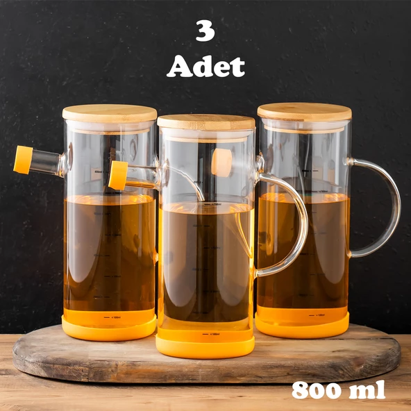 Porsima 401275 3'lü Alisa Bambu Kapaklı Borosilikat Ölçekli Cam Yağlık Silikon Tabanlı Yağdanlık 800 ML ürün görseli 1