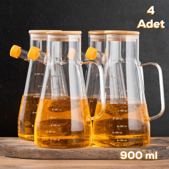 Porsima 401275 4'lü Alisa Bambu Kapaklı Borosilikat Ölçekli Cam Yağlık Silikon Tabanlı Yağdanlık 800 Ml ürün görseli 1