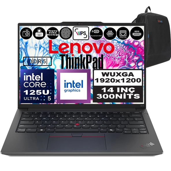 Lenovo Thinkpad E14 Gen6 Intel Core Ultra 5 125U 16GB 1tb SSD Intel® Aı Boost 14" Wuxga IPS Windows 11 Home Taşınabilir Bilgisayar 21M7002PTXH02 + Zetta Çanta ürün görseli 1