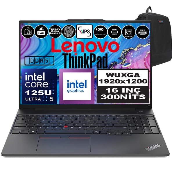Lenovo Thinkpad E16 Gen2 Intel Core Ultra 5 125U Ddr5 40GB 1tb SSD Intel® Aı Boost 16" Wuxga IPS Windows 11 Home Taşınabilir Bilgisayar 21MA003MTXH14 + Zetta Çanta ürün görseli 1