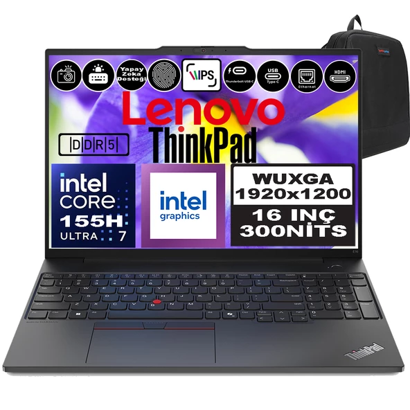 Lenovo Thinkpad E16 Gen2 Intel Core Ultra 7 155H Ddr5 40GB 1tb SSD Intel® Aı Boost 16" Wuxga IPS Freedos Taşınabilir Bilgisayar 21MA002UTXF14 + Zetta Çanta ürün görseli 1