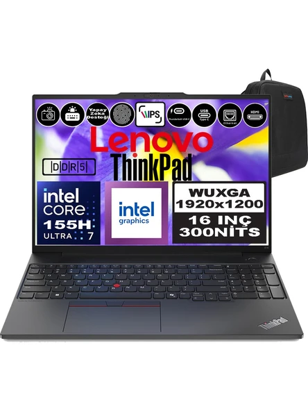 Lenovo Thinkpad E16 Gen2 Intel Core Ultra 7 155H Ddr5 32GB 1tb SSD Intel Aı Boost 16" Wuxga IPS Windows 11 Pro Taşınabilir Bilgisayar 21MA002UTXP10 + Zetta Çanta ürün görseli 1