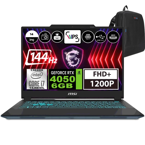 Msı Cyborg 14 Intel Core I7 13620H 96GB 4tb SSD RTX4050-6GB Freedos 14" Fhd+ 144Hz Taşınabilir Bilgisayar A13VE054XTRWF12 + Zetta Çanta ürün görseli 1