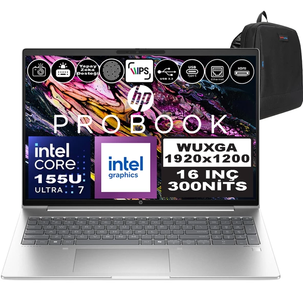 Hp Probook 460 G11 Intel Core Ultra 7 155U Ddr5 32GB 512GB SSD Intel® Aı Boost 16" Wuxga IPS Windows 11 Pro Taşınabilir Bilgisayar A23BCEAP09 + Zetta Çanta ürün görseli 1