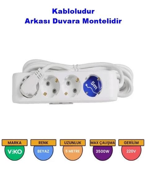 VİKO Multilet Dörtlü 5Mt Kablolu BEYAZ Grup Priz 4lü 5 Metre Ara Kablo Topraklı Klemensli ürün görseli 1