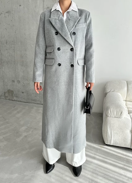 Gri Premium Armalı Kruvaze Yaka Yünlü Uzun Kaban ürün görseli 1