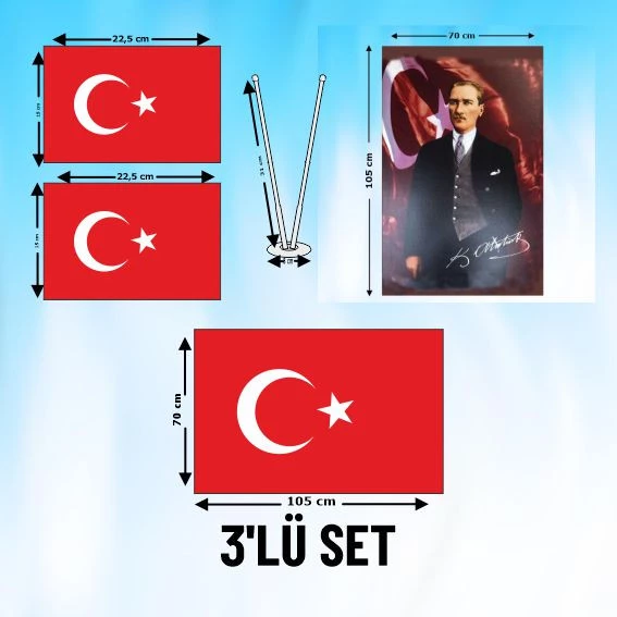 3'LÜ SET_2'Lİ BAYRAK+ BAYRAK+ ATATÜRK POSTERİ ürün görseli 1