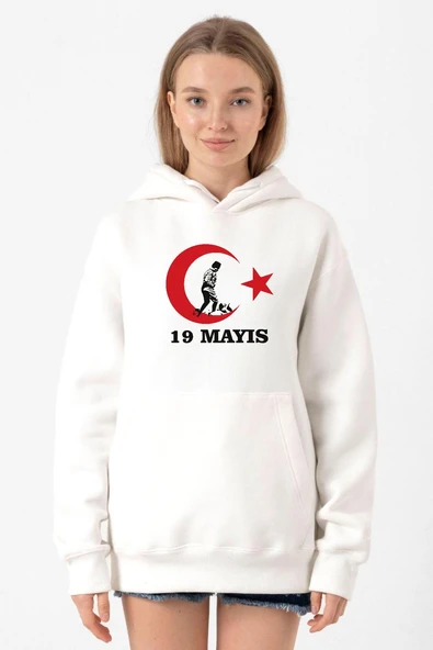 19 Mayıs Ata Beyaz Kadın 3ip Kapşonlu Sweatshirt ürün görseli 1