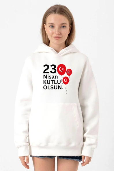 23 Nisan Balon Beyaz Kadın 3ip Kapşonlu Sweatshirt ürün görseli 1